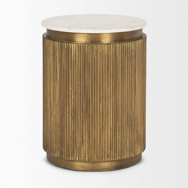 Mercana Satima Elegant Round Accent Table with Antiqued Gold Fluted Base and White Marble Top for Any Space White Marble | Gold Metal 70777