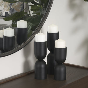 Mercana Qamra Short Black Metal Pillar Candle Holder - Modern Minimalist Decor for Tabletop & Mantel Display Matte Black | Medium 70708