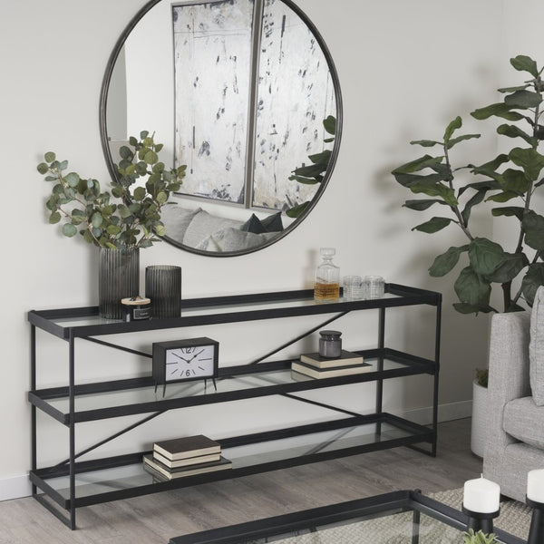 Mercana Trey Elegant Antique-Gold Console Table with Tempered Glass for Stylish Entryway and Living Spaces Black Metal | Glass 69785