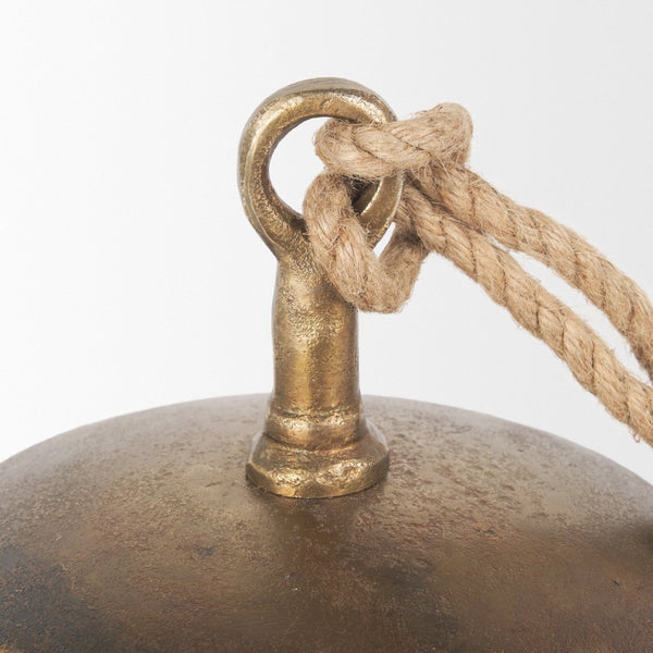 Mercana Quincy Decorative Bell Accent with Antiqued Finish and Natural Rope Handle for Timeless Charm Gold Metal | Large 70651