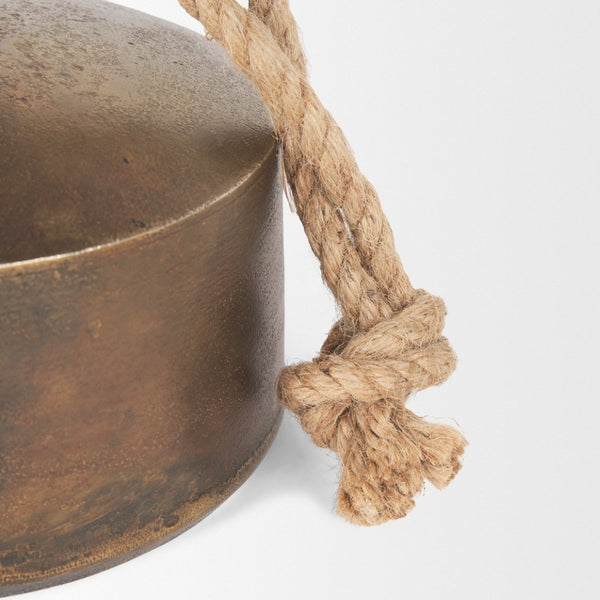 Mercana Quincy Decorative Bell Accent with Antiqued Finish and Natural Rope Handle for Timeless Charm Gold Metal | Large 70651
