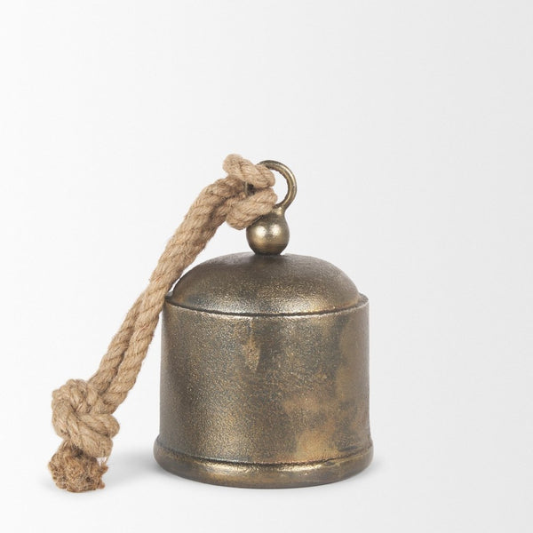 Mercana Quincy Decorative Bell Accent with Antiqued Finish and Natural Rope Handle for Timeless Charm Gold Metal | Medium 70652
