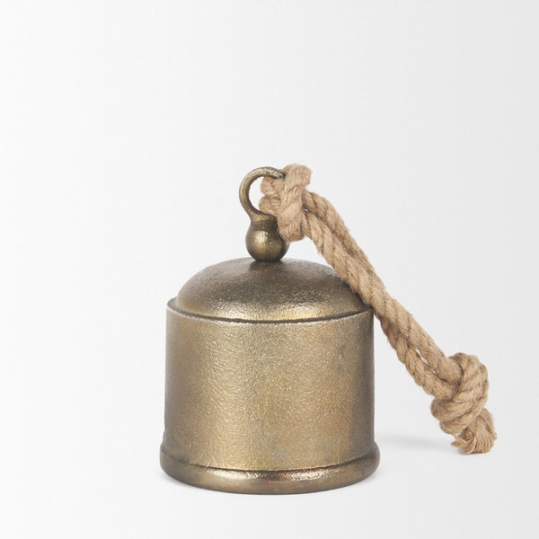 Mercana Quincy Decorative Bell Accent with Antiqued Finish and Natural Rope Handle for Timeless Charm Gold Metal | Medium 70652