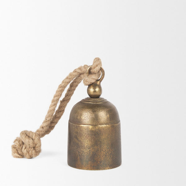 Mercana Quincy Decorative Bell Accent with Antiqued Finish and Natural Rope Handle for Timeless Charm Gold Metal | Small 70653