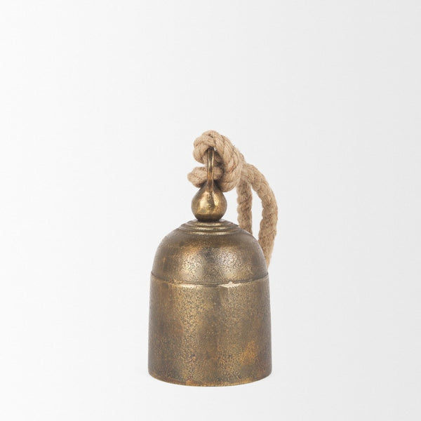 Mercana Quincy Decorative Bell Accent with Antiqued Finish and Natural Rope Handle for Timeless Charm Gold Metal | Small 70653
