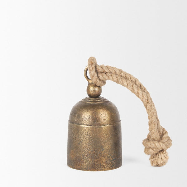 Mercana Quincy Decorative Bell Accent with Antiqued Finish and Natural Rope Handle for Timeless Charm Gold Metal | Small 70653