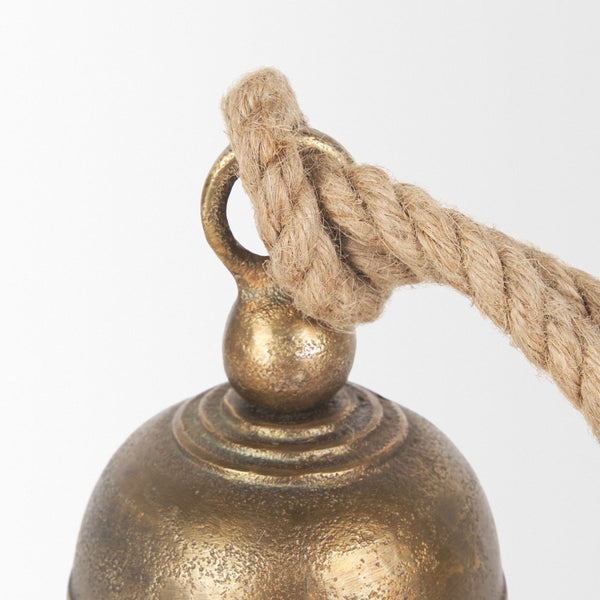 Mercana Quincy Decorative Bell Accent with Antiqued Finish and Natural Rope Handle for Timeless Charm Gold Metal | Small 70653
