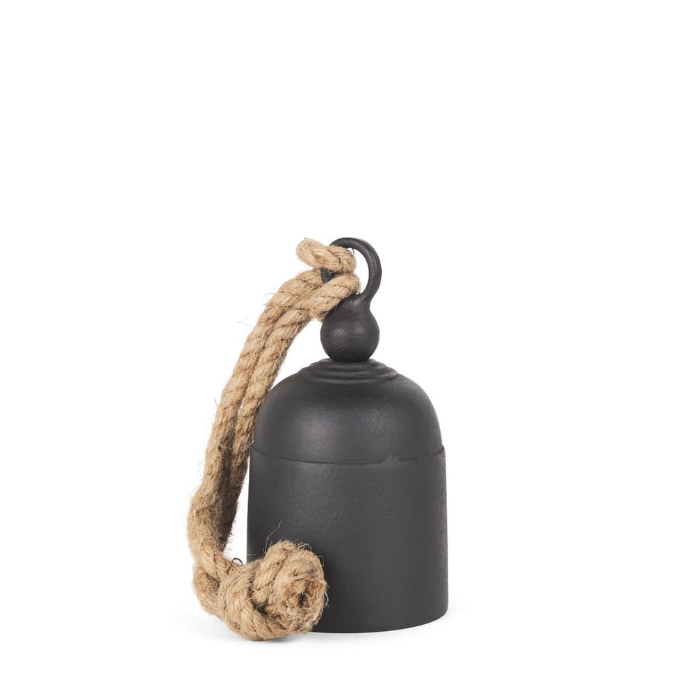 Mercana Quincy Decorative Bell Object - Rustic Aluminum Accent with Natural Fiber Rope for Vintage Charm Matte Black Metal | Small 70656