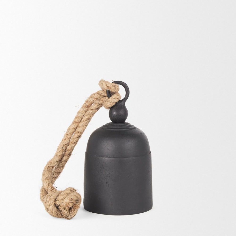 Mercana Quincy Decorative Bell Object - Rustic Aluminum Accent with Natural Fiber Rope for Vintage Charm Matte Black Metal | Small 70656