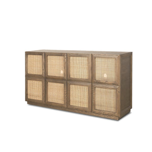 Sina Gray Brown Oak Wood with Natural Rattan 4 Door Sideboard 70815 Mercana