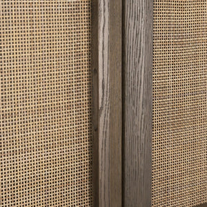 Mercana Sina Curio Cabinet - Elegant Solid Oak Showcase with Woven Doors for Stylish Storage & Display 70816