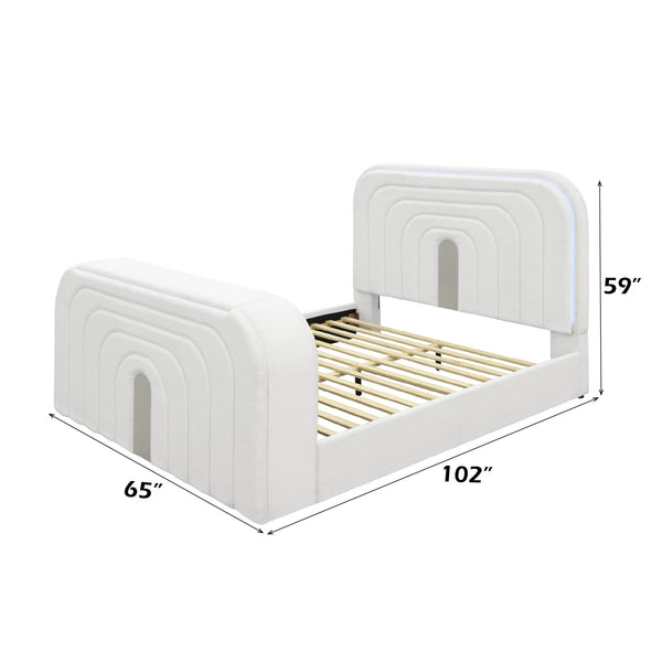 English Elm Shelyn Plush Teddy Sherpa EK Bed with LED Headboard, Built-In Fireplace, TV Lift and Bluetooth Speaker White 85.83 L x 12.6 W x 6.61 H B2726S00478