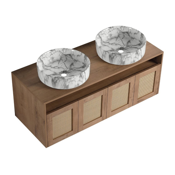 English Elm 48" Floating Bathroom Vanity Oak Finish Dual Ceramic Sinks Four Soft Close Doors W999S00494