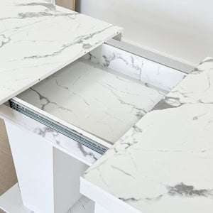 English Elm Extendable Faux Marble Dining Table with V-Legs — Sleek Expandable Conference & Kitchen Centerpiece for 6–10 White Marble W1347S00008