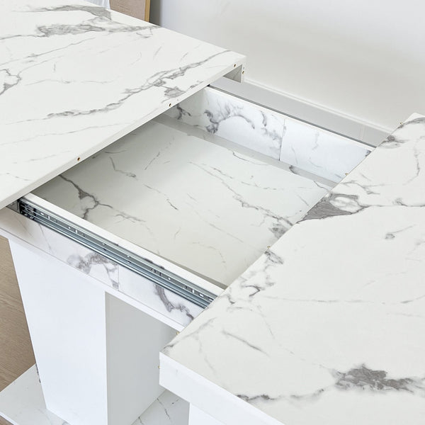 English Elm Extendable Faux Marble Dining Table with V-Legs — Sleek Expandable Conference & Kitchen Centerpiece for 6–10 White Marble W1347S00008
