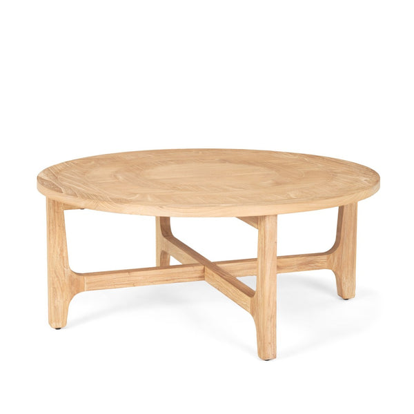 Mercana Taylin Round Coffee Table - Solid Elm with Rustic Charm and Curved Shelves for Stylish Storage Solutions 70861