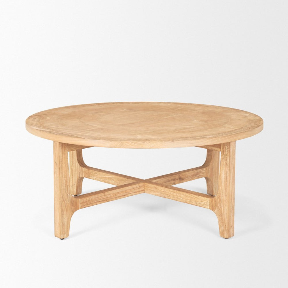 Mercana Taylin Round Coffee Table - Solid Elm with Rustic Charm and Curved Shelves for Stylish Storage Solutions 70861