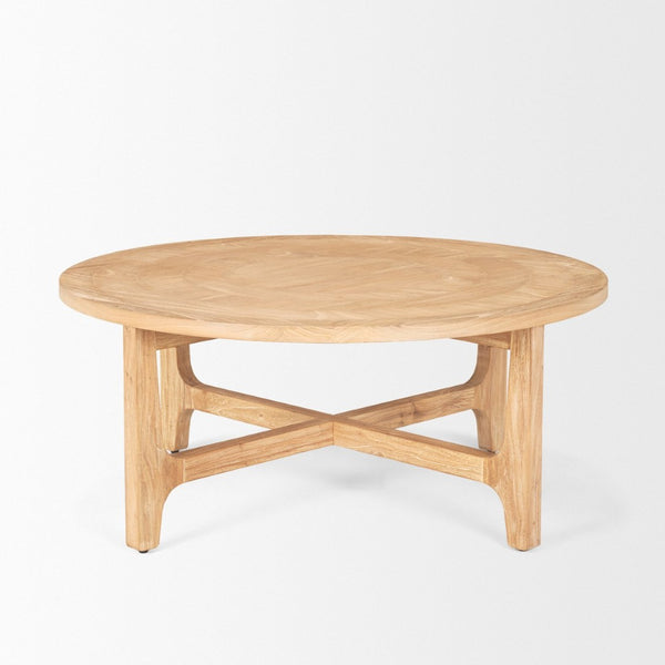 Mercana Taylin Round Coffee Table - Solid Elm with Rustic Charm and Curved Shelves for Stylish Storage Solutions 70861