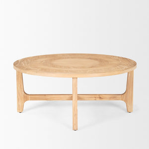 Mercana Taylin Round Coffee Table - Solid Elm with Rustic Charm and Curved Shelves for Stylish Storage Solutions 70861