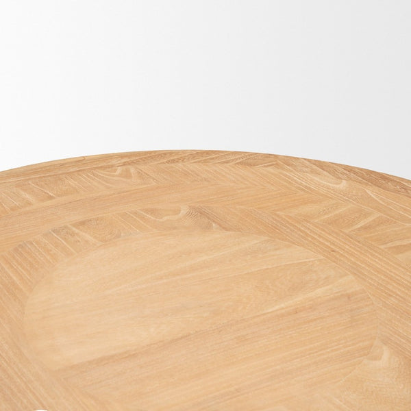 Mercana Taylin Round Coffee Table - Solid Elm with Rustic Charm and Curved Shelves for Stylish Storage Solutions 70861