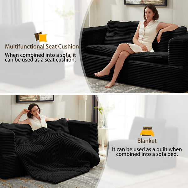English Elm Multi Functional Sectional Sofa Bed Plush Corduroy Convertible 80" King Sleeper with Chaise, Deep Fluff Black W3219P339469