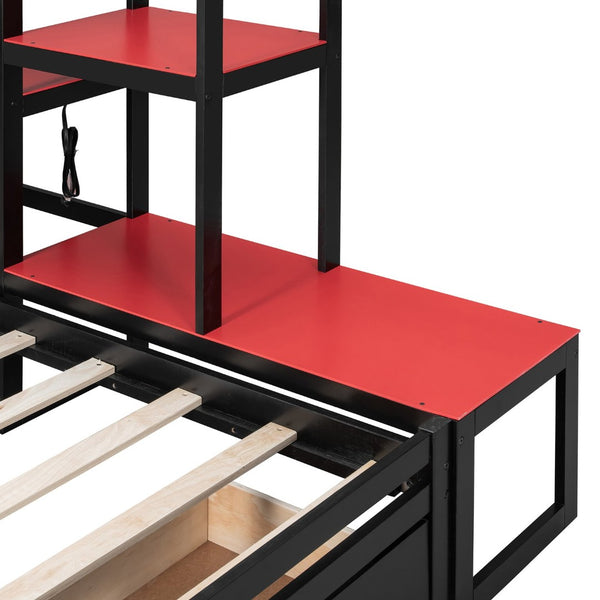 English Elm Twin Gaming Daybed with Led Strips Desk Pegboard Bookcase and Three Storage Drawers Black+Red N820S00083J
