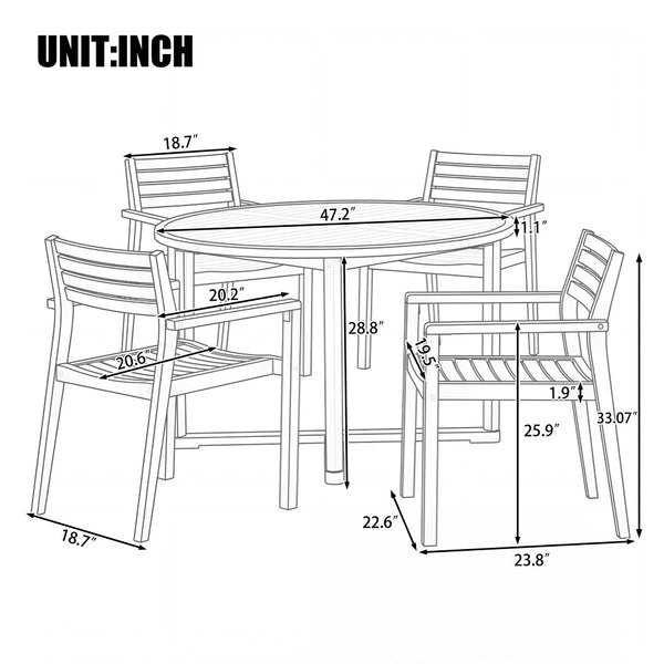 English Elm U_style Solid Acacia Wood Round Outdoor Dining Set Seats Four with Slatted Design Light Gray,Natural & Light Brown WY000475AAD