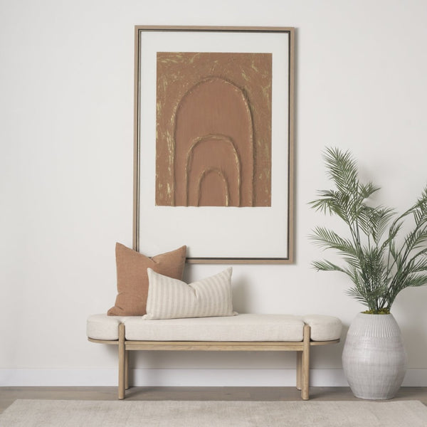 Mercana Sohan Elegant Elm Wood Bench with Versatile Neutral Upholstery for Modern Entryways and Dining Spaces Light Brown Wood | Oatmeal Fabric 70803