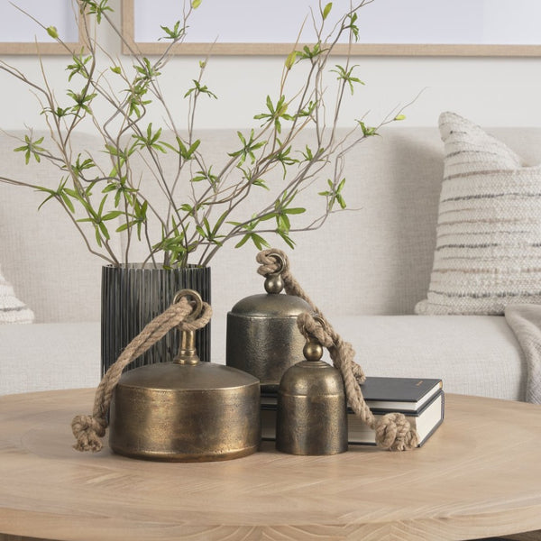 Mercana Quincy Decorative Bell Accent with Antiqued Finish and Natural Rope Handle for Timeless Charm Gold Metal | Small 70653