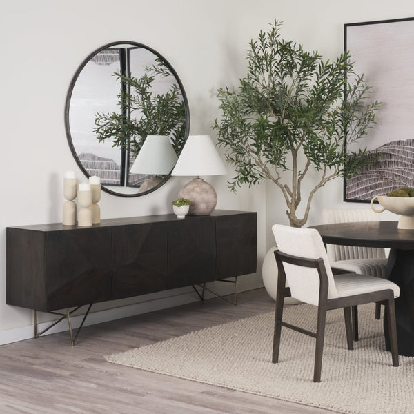 Mercana Darwin Sideboard: Elegant Solid Wood Cabinet with Geometric Doors for Stylish Storage Solutions Brown Wood | Gold Metal 68472