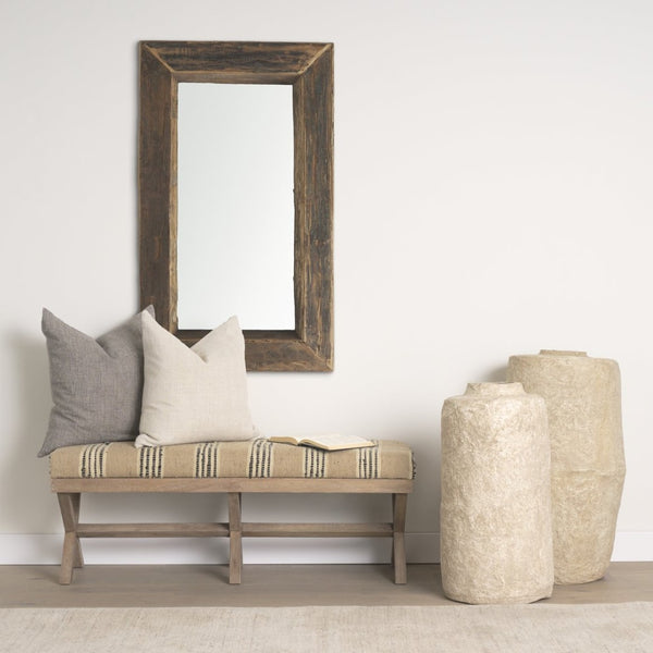 Mercana Solis II Cushioned Woven Leather Accent Bench - Elegant Solid Wood Base for Stylish Home Décor Beige/Black Fabric | Brown Wood 68460