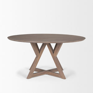 Mercana Jennings 60" Round Mango Wood Dining Table with Geometric Base for Modern Dining Spaces 60" Lt Brown Wood Top | Lt Brown Wood Base 70847