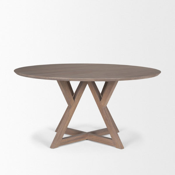 Mercana Jennings 60" Round Mango Wood Dining Table with Geometric Base for Modern Dining Spaces 60" Lt Brown Wood Top | Lt Brown Wood Base 70847