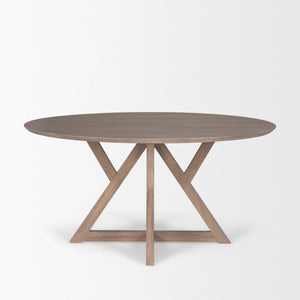 Mercana Jennings 60" Round Mango Wood Dining Table with Geometric Base for Modern Dining Spaces 60" Lt Brown Wood Top | Lt Brown Wood Base 70847