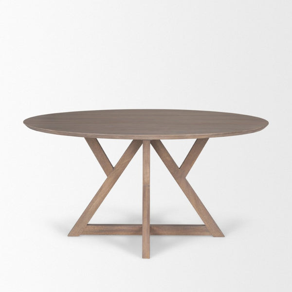 Mercana Jennings 60" Round Mango Wood Dining Table with Geometric Base for Modern Dining Spaces 60" Lt Brown Wood Top | Lt Brown Wood Base 70847