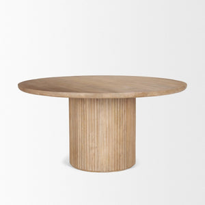 Mercana Terra Dining Table: Sculptural Round Design in Rich Mango Wood for Modern Dining & Entertaining 60" Lt Brown Wood Top | Lt Brown Wood Base 69874-AB