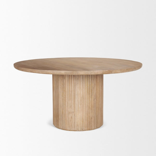 Mercana Terra Dining Table: Sculptural Round Design in Rich Mango Wood for Modern Dining & Entertaining 60" Lt Brown Wood Top | Lt Brown Wood Base 69874-AB
