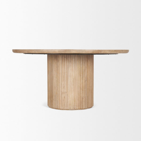 Mercana Terra Dining Table: Sculptural Round Design in Rich Mango Wood for Modern Dining & Entertaining 60" Lt Brown Wood Top | Lt Brown Wood Base 69874-AB