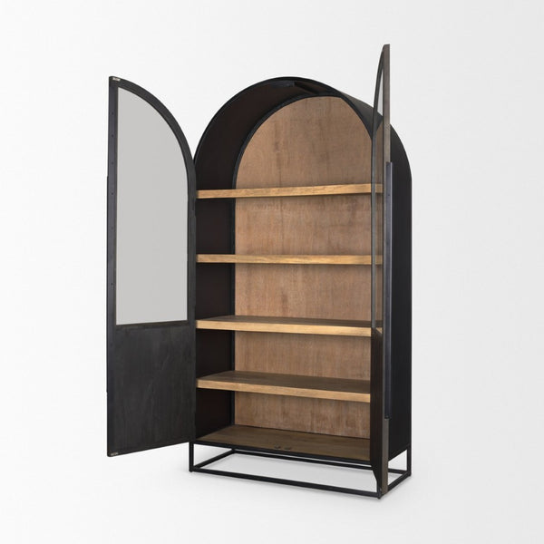 Mercana Sloan Arched Curio Cabinet - Elegant Solid Mango Wood Design with Glass Display for Modern Spaces Black Wood | Black Metal | 80"H 70827