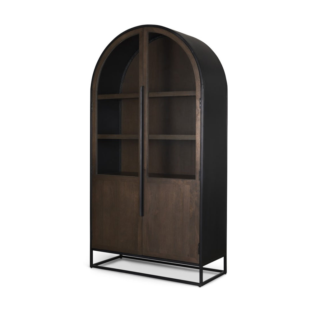 Mercana Sloan Arched Curio Cabinet - Elegant Solid Mango Wood Design with Glass Display for Modern Spaces Dark Brown Wood | Black Metal | 80"H 70828