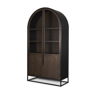 Sloan Dark Brown Wood withBlack Metal Arched Curio Cabinet 70828 Mercana