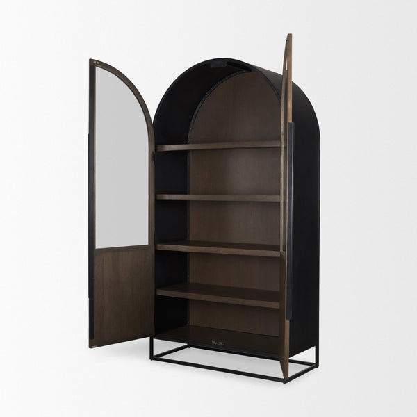 Mercana Sloan Arched Curio Cabinet - Elegant Solid Mango Wood Design with Glass Display for Modern Spaces Dark Brown Wood | Black Metal | 80"H 70828