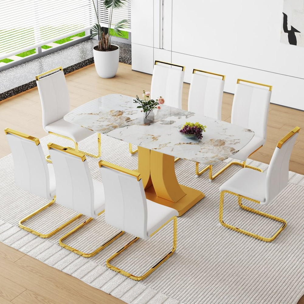 English Elm Table Set: Luxurious 71" Pandora Glass Dining Table With 8 White Pu Chairs & Gold C-Shaped Legs W1151S03232-GIGA