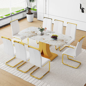 English Elm Table Set: Luxurious 71" Pandora Glass Dining Table With 8 White Pu Chairs & Gold C-Shaped Legs W1151S03232-GIGA