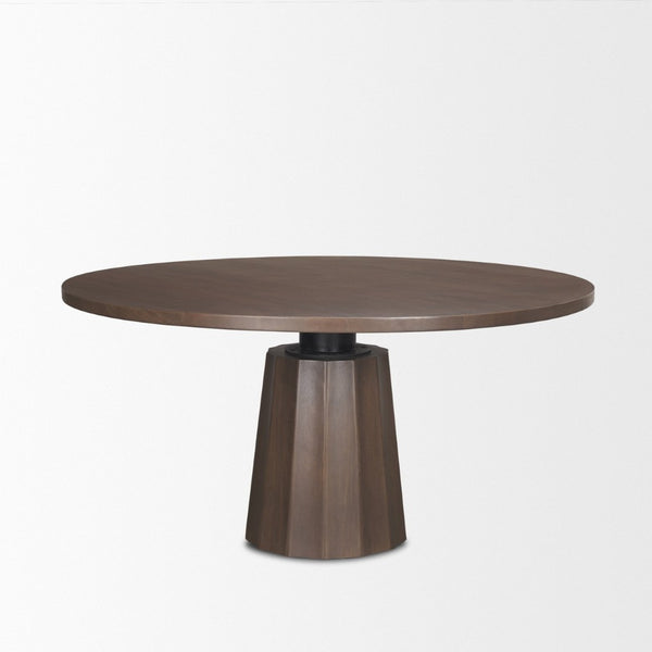 Mercana Swanson Round Pedestal Dining Table – Solid Mango Wood with Scalloped Base and Modern Design 60" Dk Brown Wood Top | Dk Brown Wood Base 70830-AB