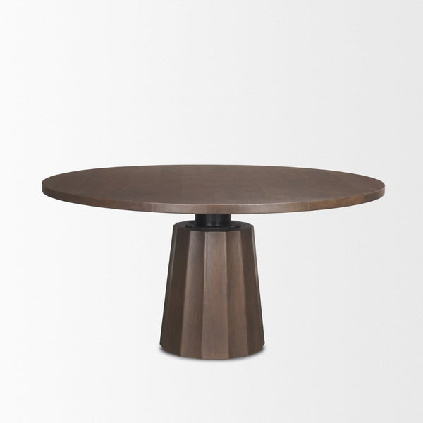 Mercana Swanson Round Pedestal Dining Table – Solid Mango Wood with Scalloped Base and Modern Design 60" Dk Brown Wood Top | Dk Brown Wood Base 70830-AB