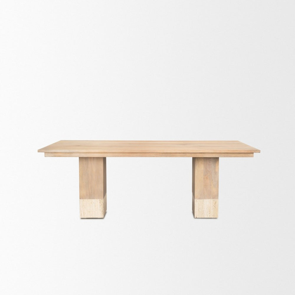 Mercana Shivon Elegant Mango Wood and Travertine Dining Table - Perfect for Modern and Rustic Interiors 84" Lt Brown Wood Top | Lt Brown Wood & Travertine Legs 70849-AB