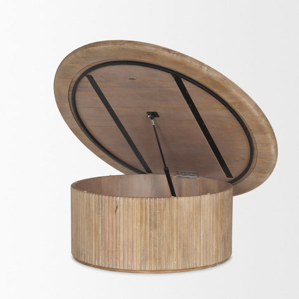 Mercana Terra Round Fluted Coffee Table with Hydraulic Lift and Hidden Storage for Modern Living Room Style Light Brown Wood 69878