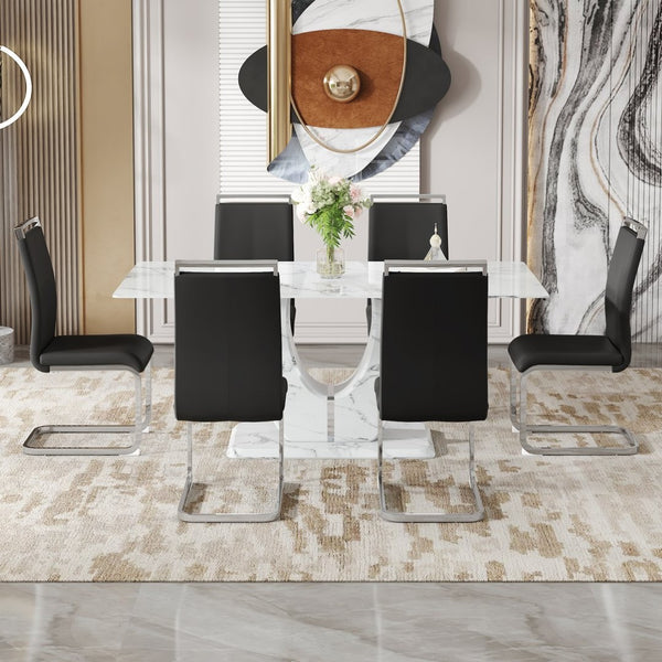 English Elm Table And Chair Set - Modern Marble Pattern Dining Set With 6 Comfortable Black Pu Chairs, 71"X35.4" W1151S02116-GIGA