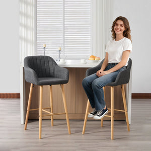 English Elm Modern Linen Upholstered Barstools with Oak Legs Armrests and Footrest for Kitchen Islands Black W395P396317